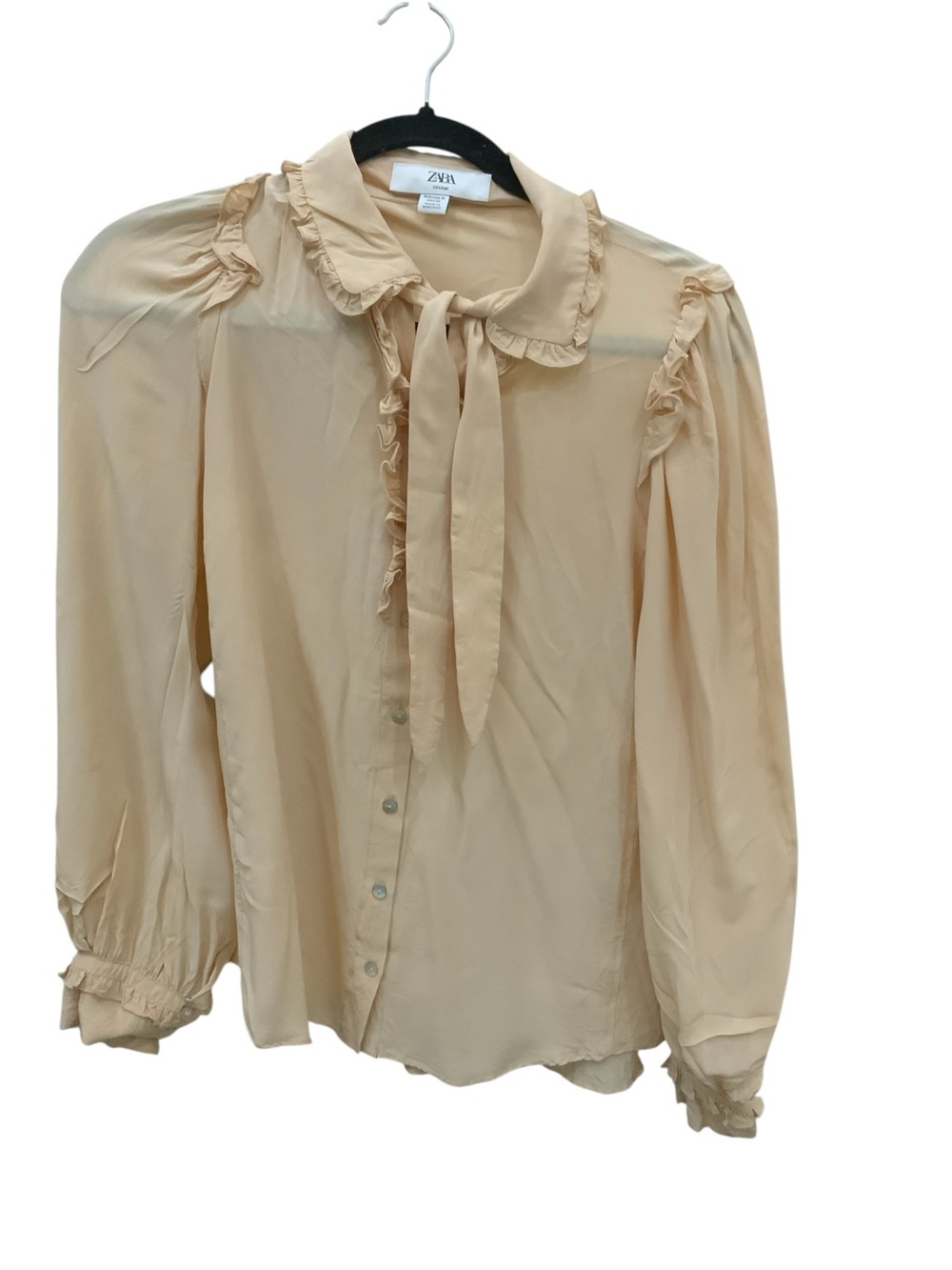 Zara Beige Ruffle Tie-Neck Button Down Blouse Size Medium